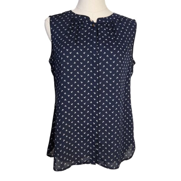 Banana Republic Navy Anchor Button Front Sleeveless Top Women's Petite Size 8 - Picture 1 of 16